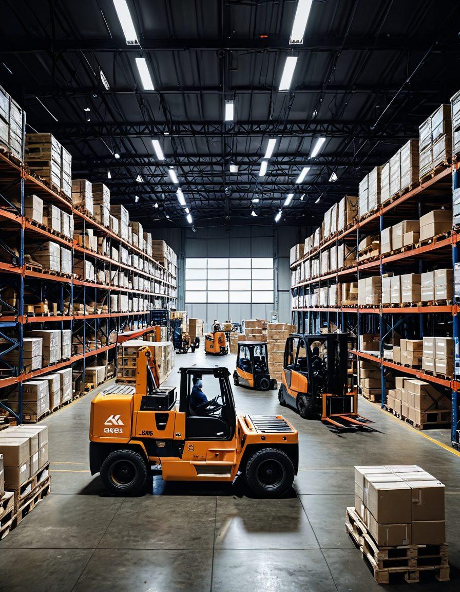 A dynamic warehouse scene showcasing a diverse team of professionals collaborating on bulk solutions, with visual elements like stacked pallets, distribution trucks, and resource management tools. Brightly lit environment emphasizing productivity and teamwork, featuring charts and diagrams floating above to illustrate efficiency. Incorporate smooth lines to represent streamlined processes, capturing an innovative spirit. super-realistic. vibrant colors. 3D.