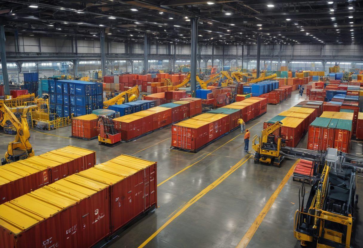 A dynamic scene depicting a powerful industrial bulk handling system, showcasing large containers and machinery efficiently processing various materials. Include vibrant colors and a contrast between human workers managing equipment and automated systems at work. Background elements should suggest a thriving production facility with a clear focus on teamwork and technology. super-realistic. vibrant colors. detailed industrial setting.