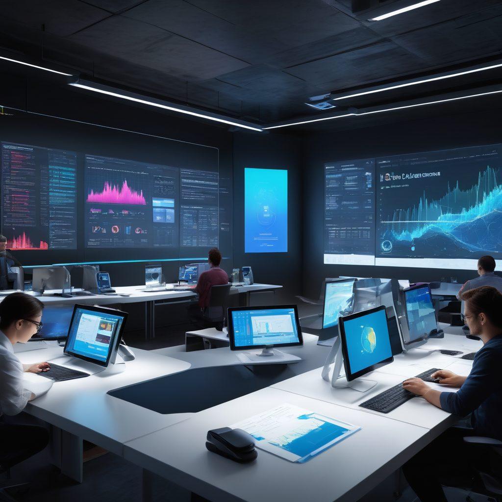 A dynamic, high-tech workspace filled with multiple screens displaying data analytics and visualization charts, showcasing various strategies and tools for bulk processing. Include an engaged team collaborating with digital tablets and futuristic interfaces. The atmosphere should convey efficiency and innovation with a modern design. Use bright colors to highlight the digital elements and data flow. super-realistic. vibrant colors. 3D.